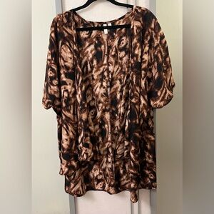 RHONDA SHEAR 2X/3X OPEN FRONT CARDIGAN Brown Short Sleeves Boho Plus Size Top